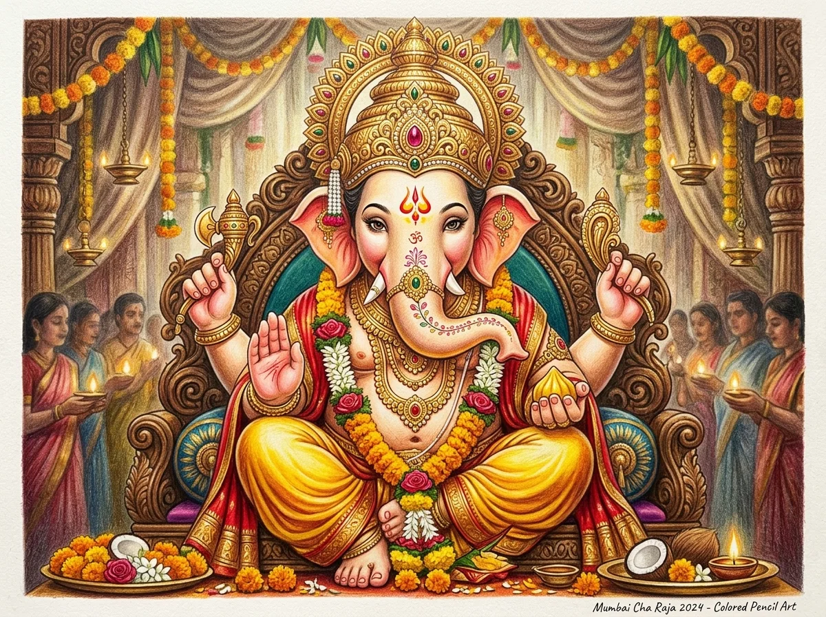 Finished colored-pencil drawing of Mumbai Cha Raja by Thangaraj Arts