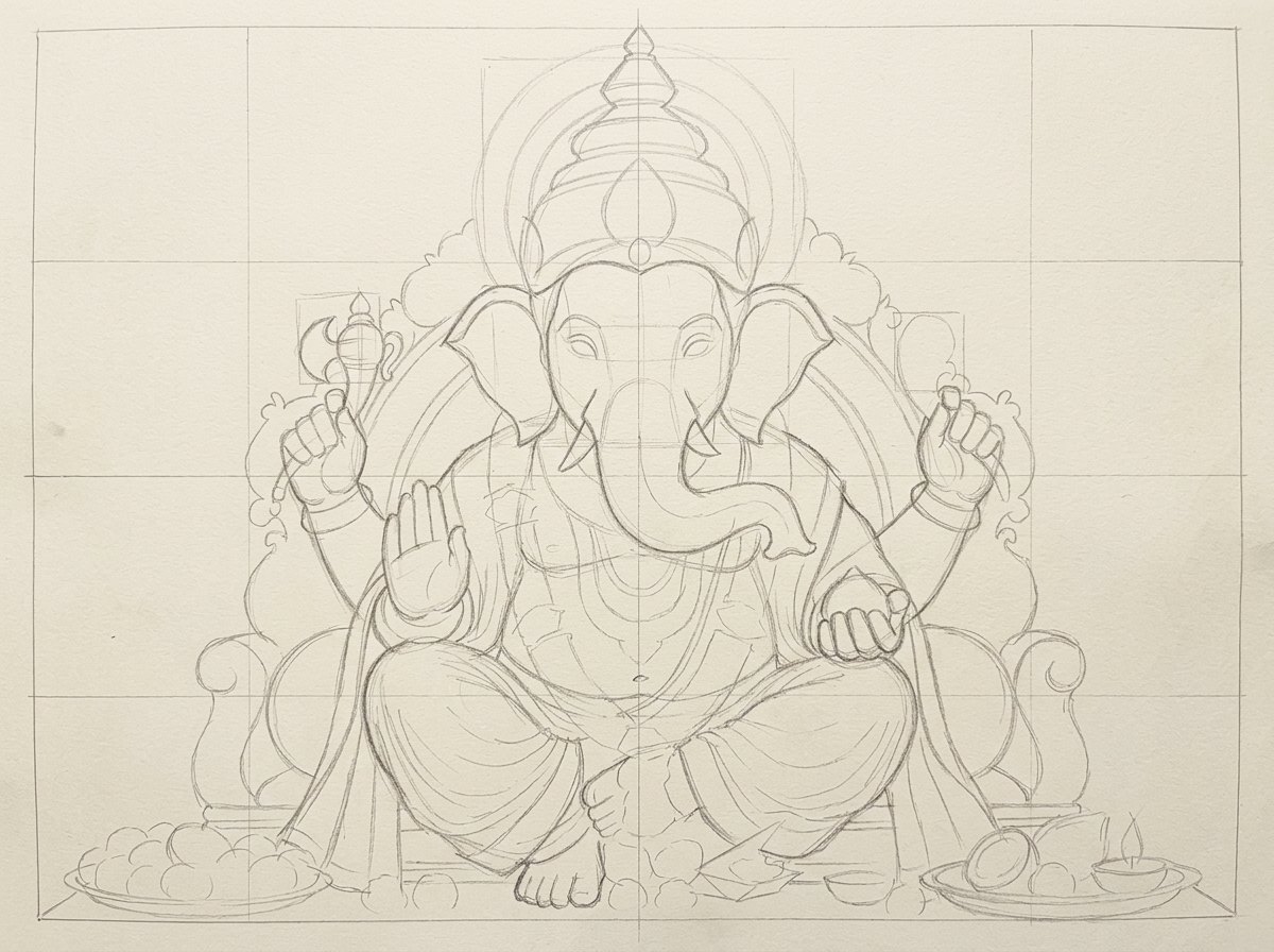 Step 1: Basic Proportions & Grid Outline of Mumbai Cha Raja colored pencil drawing by Thangaraj Arts