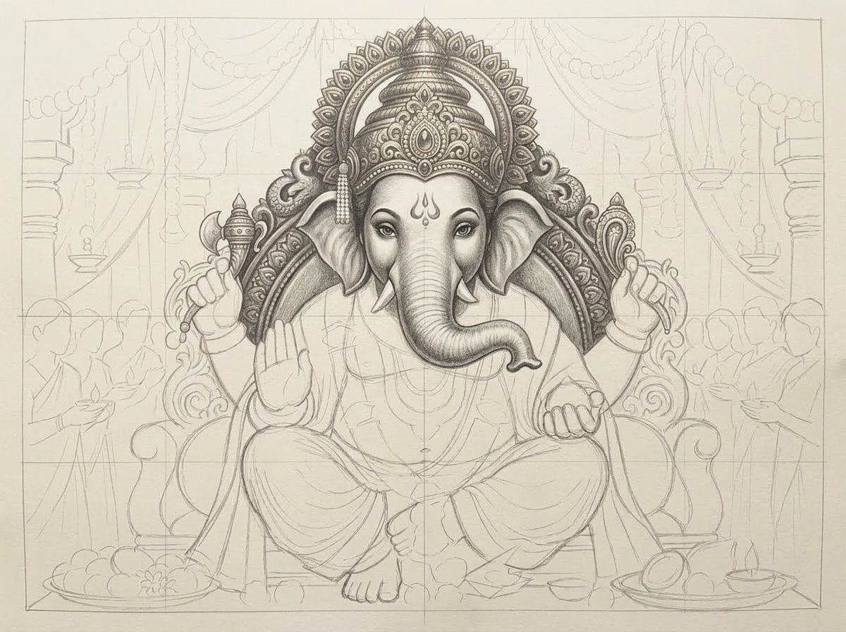 Step 2: Facial Details & Crown Shading of Mumbai Cha Raja colored pencil drawing by Thangaraj Arts