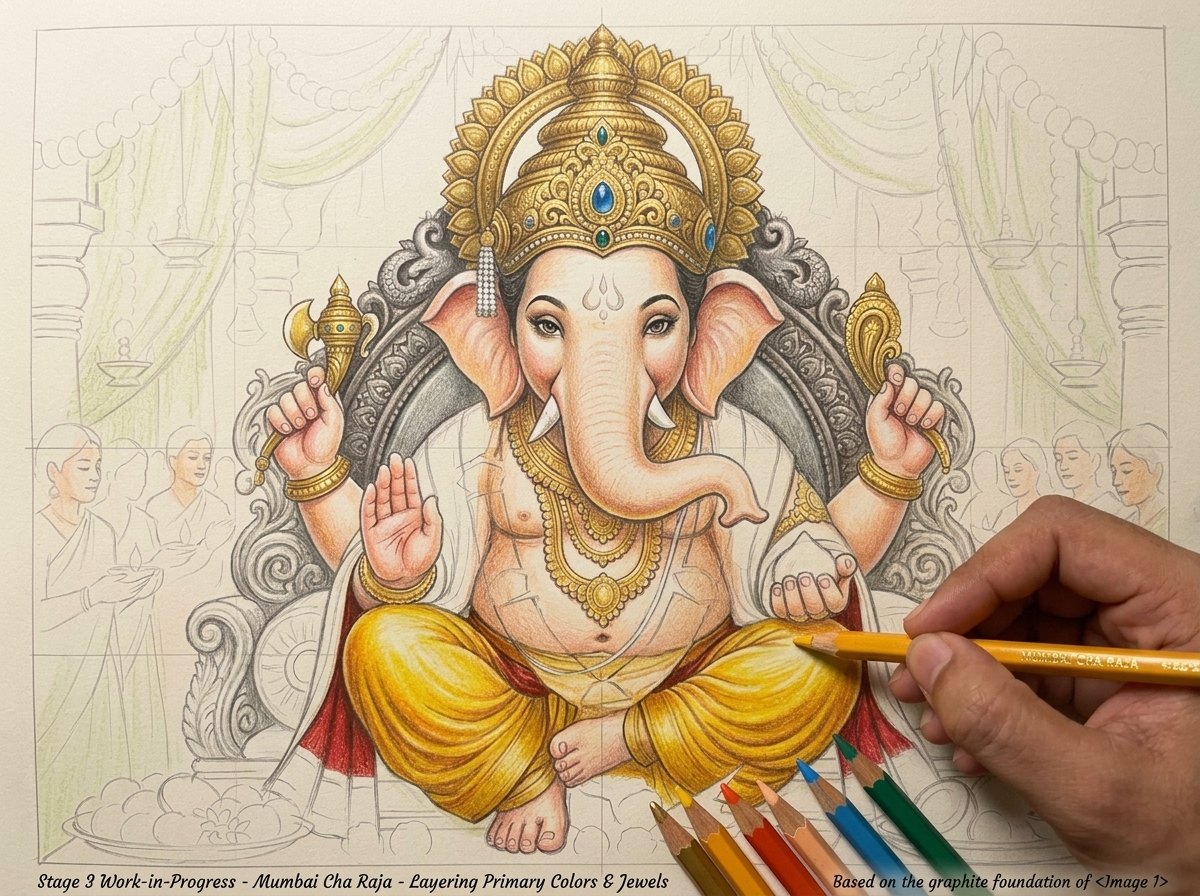 Step 3: Layering Primary Colors & Jewels on Mumbai Cha Raja colored pencil drawing by Thangaraj Arts