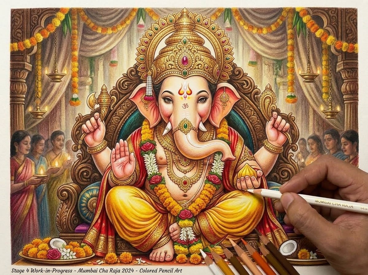 Step 4: Final Highlights & Burnishing on Mumbai Cha Raja colored pencil drawing by Thangaraj Arts
