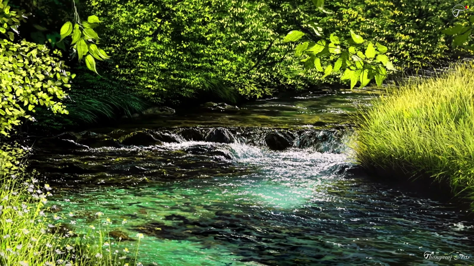 Verdant Cascade: Forest Brook in Sunlight