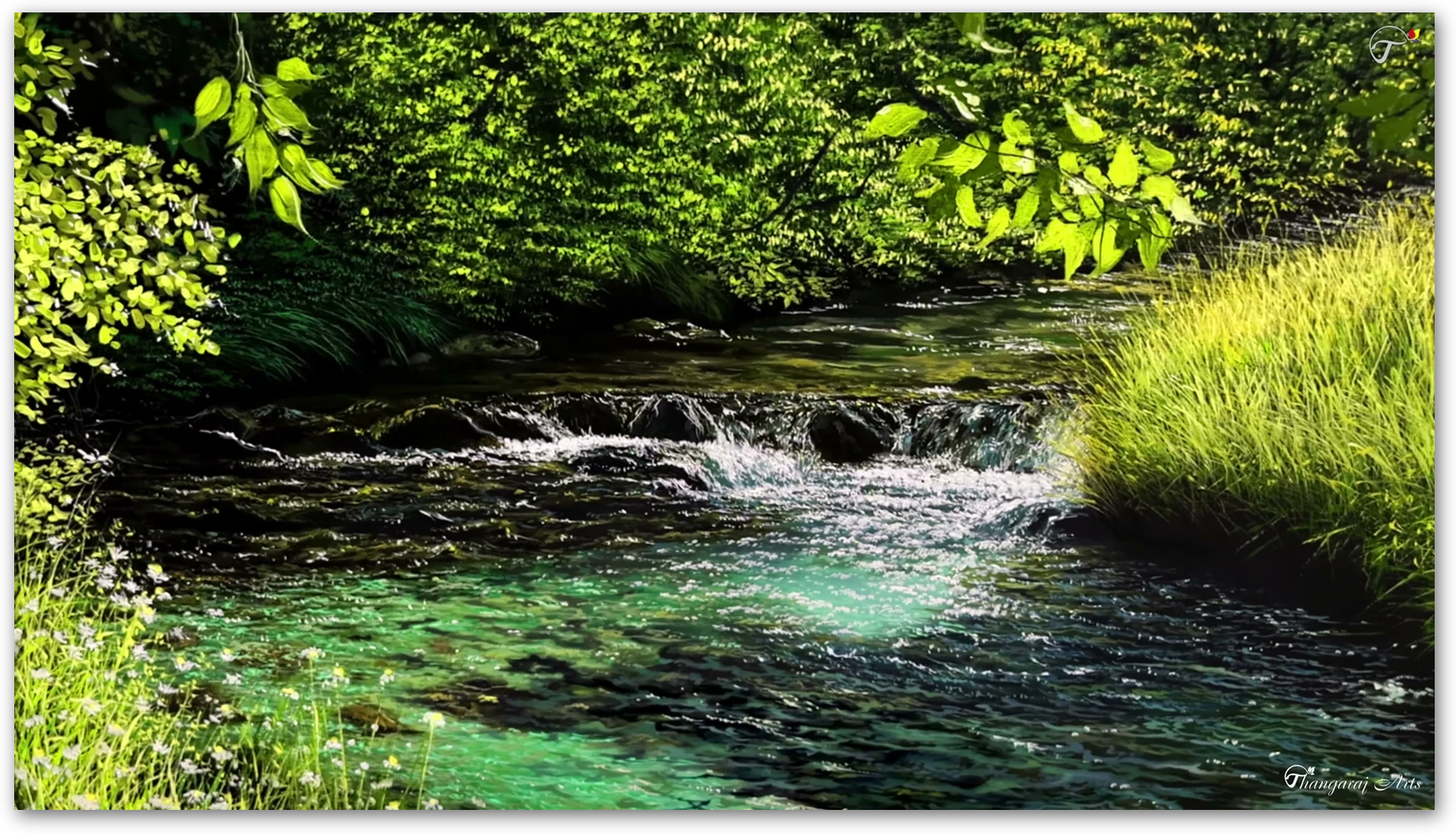 Verdant Cascade: Forest Brook in Sunlight — Original classical canvas realism by Master Artist Thangaraj