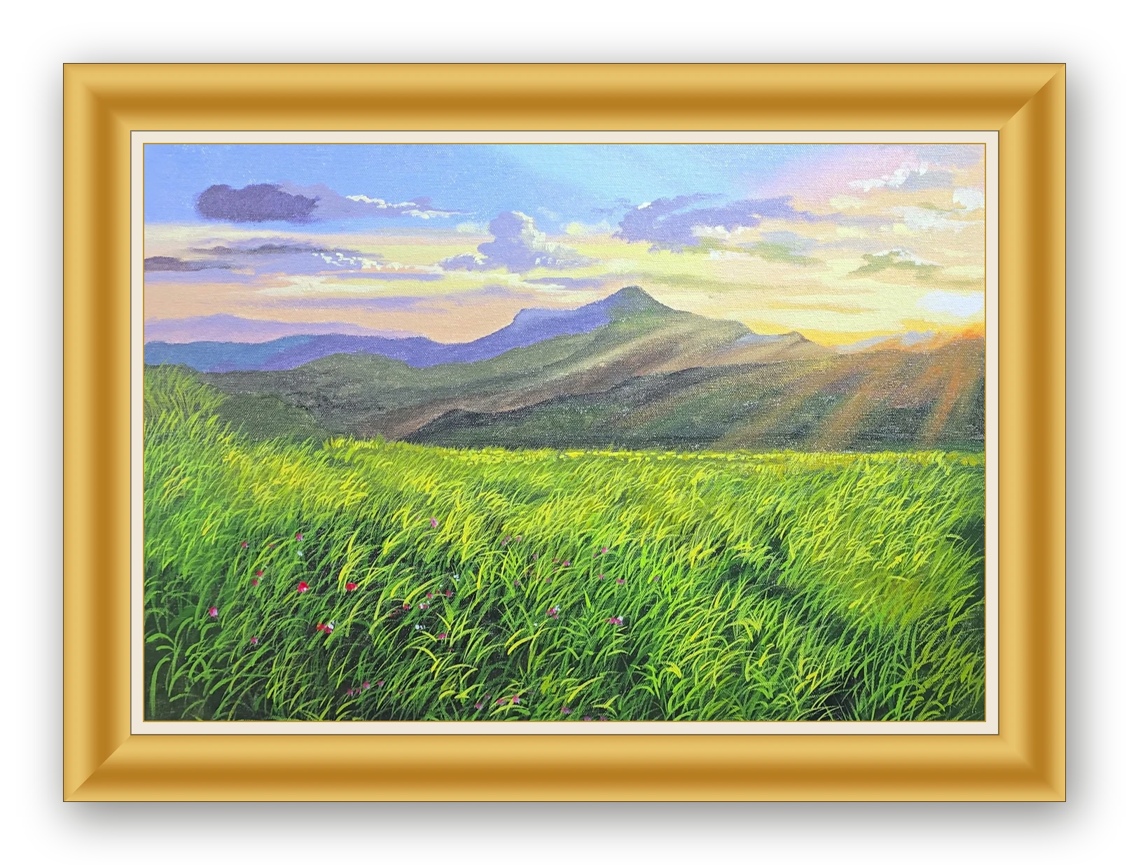 Golden Horizons: Sunlit Valley & Meadow Scenery presented in luxury gold-finish frame